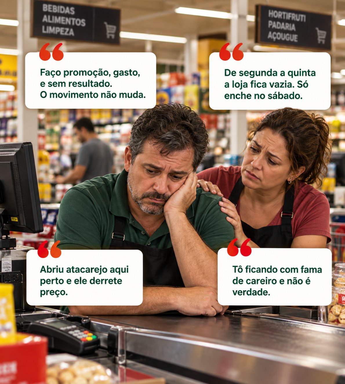 Dono de supermercado atrás do caixa, com a mão no rosto, sendo consolado por uma mulher. Em volta, quatro pensamentos: Faço promoção, gasto, e sem resultado. O movimento não muda. De segunda a quinta a loja fica vazia. Só enche no sábado. Abriu atacarejo aqui perto e ele derrete preço. Tô ficando com fama de careiro e não é verdade.