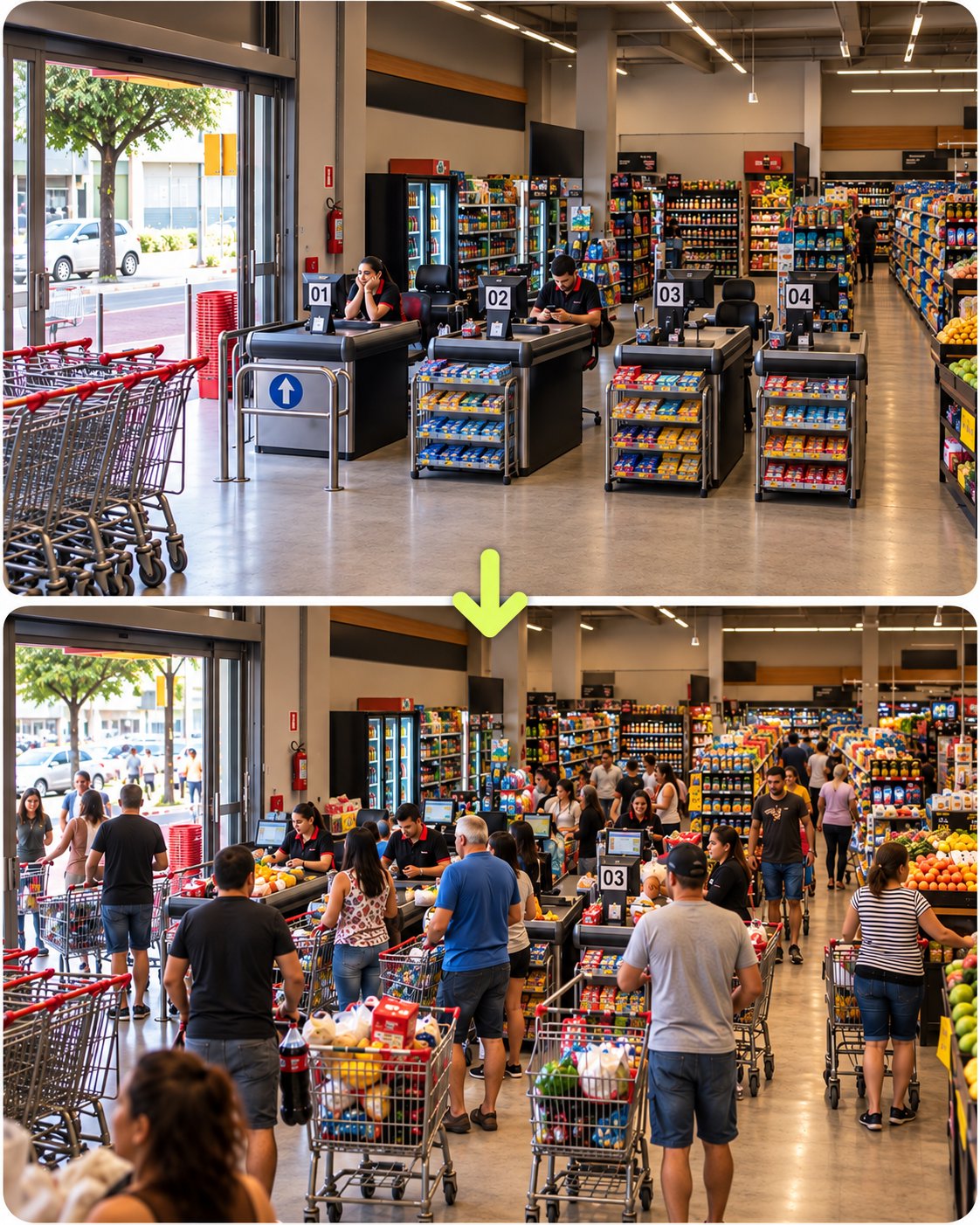 Em cima, o supermercado vazio num dia de semana, com os operadores de caixa parados. Uma seta verde aponta para baixo, para o mesmo supermercado cheio, com fila de carrinhos nos caixas.