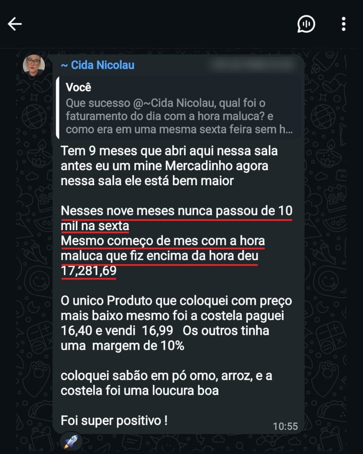Mensagem da Cida: nesses nove meses a loja nunca passou de 10 mil na sexta; numa sexta de começo de mês, com a Hora Maluca, fez R$ 17.281,69.